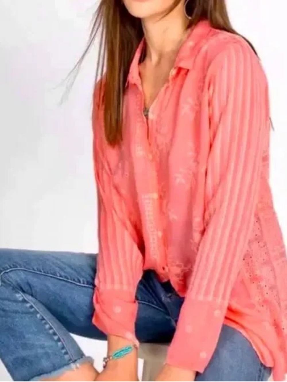 Johnny Was NYX Button Down Embroidered Eyelet Shirt Tunic in Coral Sunset Medium